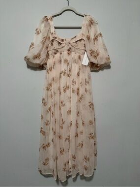 Coquette Worth Cream Floral Puff-Sleeve Maxi Dress NWT